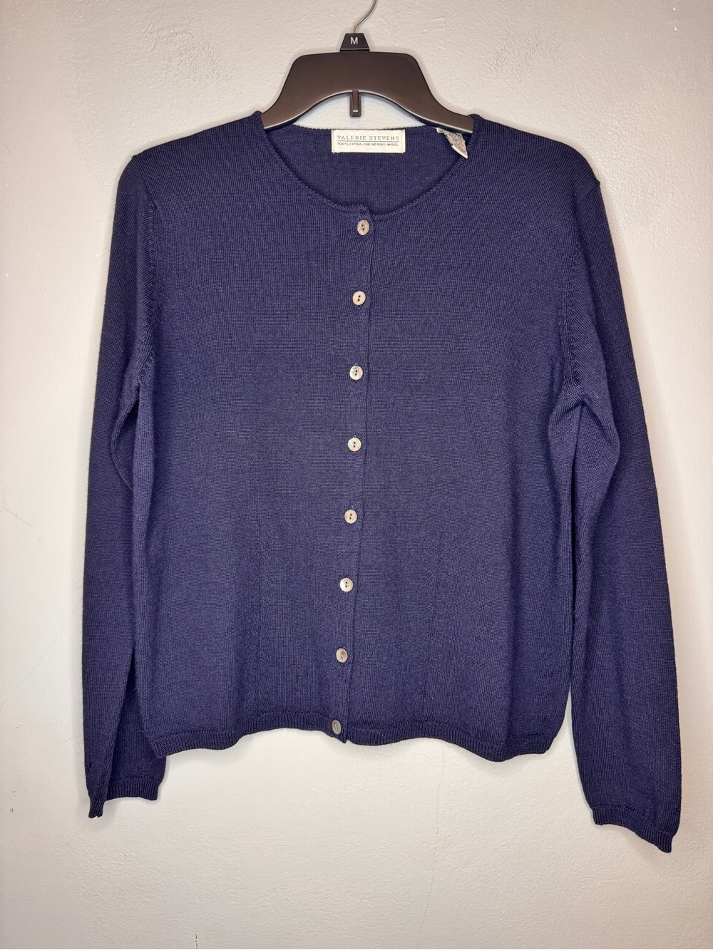 Valerie Stevens Navy Crewneck Button-Front Cardigan Fine Merino Wool Size M